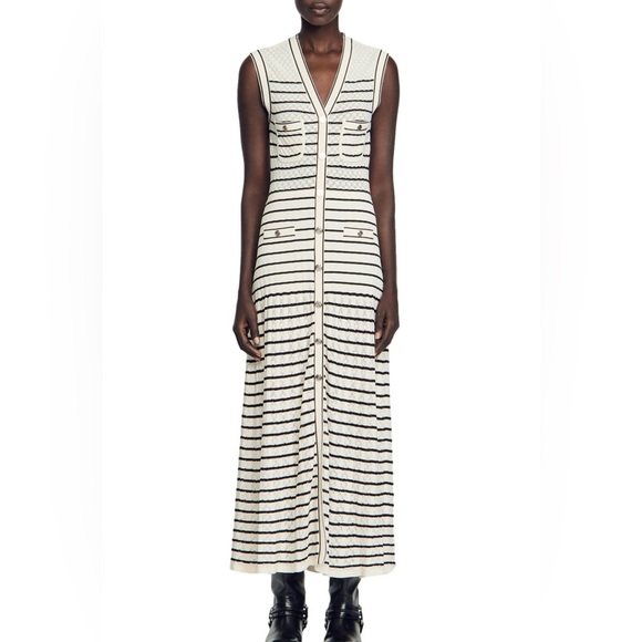 Sandro Molina Button Front Maxi Black & White Striped Sweater Dress - Picture 1 of 8